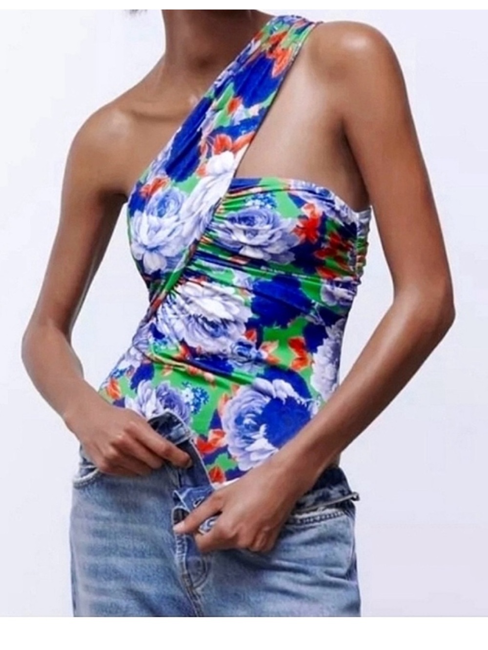 ZARA NWT Floral One Shoulder Ruched Bodysuit Green Blue Size Small